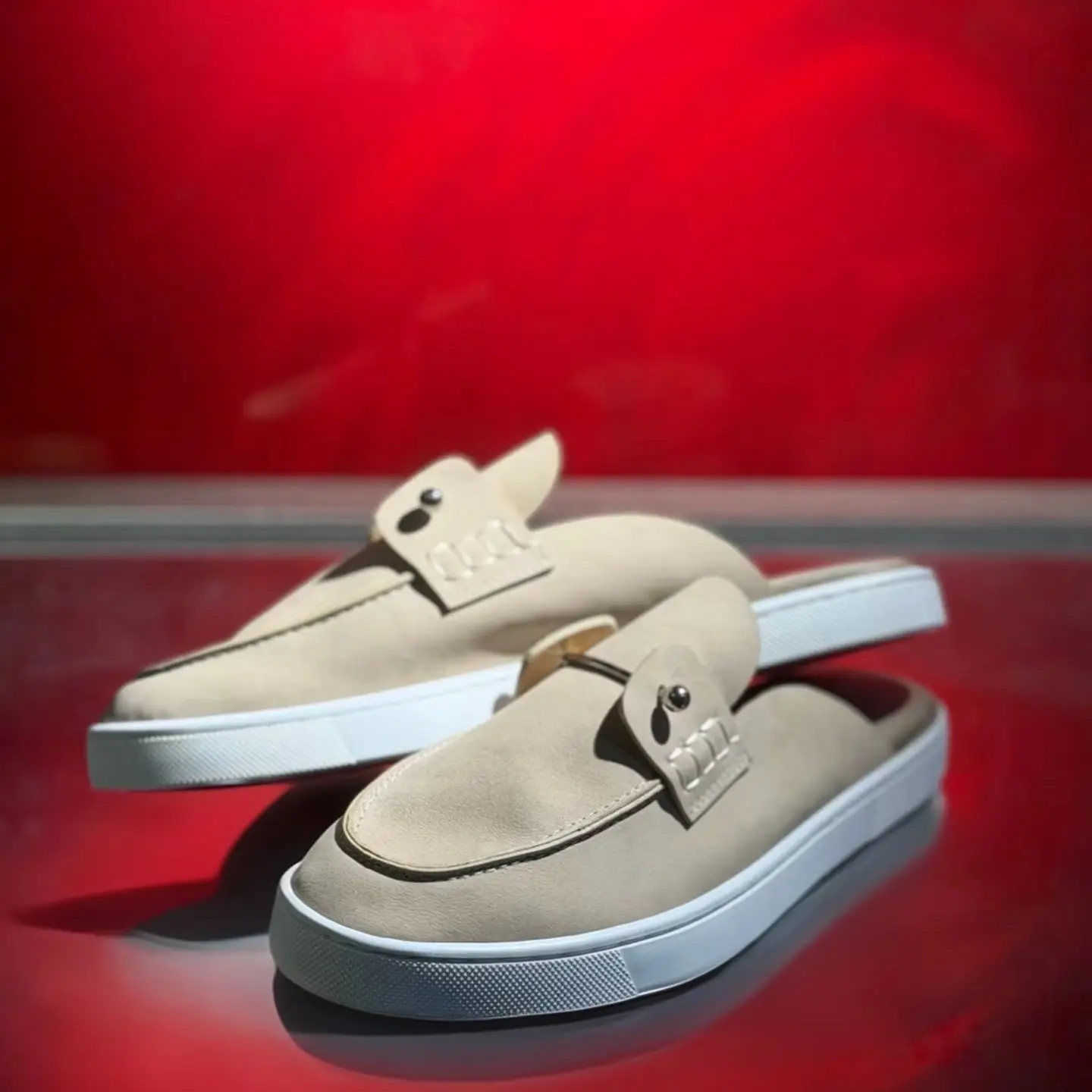 Luxury Beige Suede Leather Loafers, Men Metal Buckle Shoes Slip On Loafers, Red Bottom Casual Backless Flat Slipper Shoes Summer