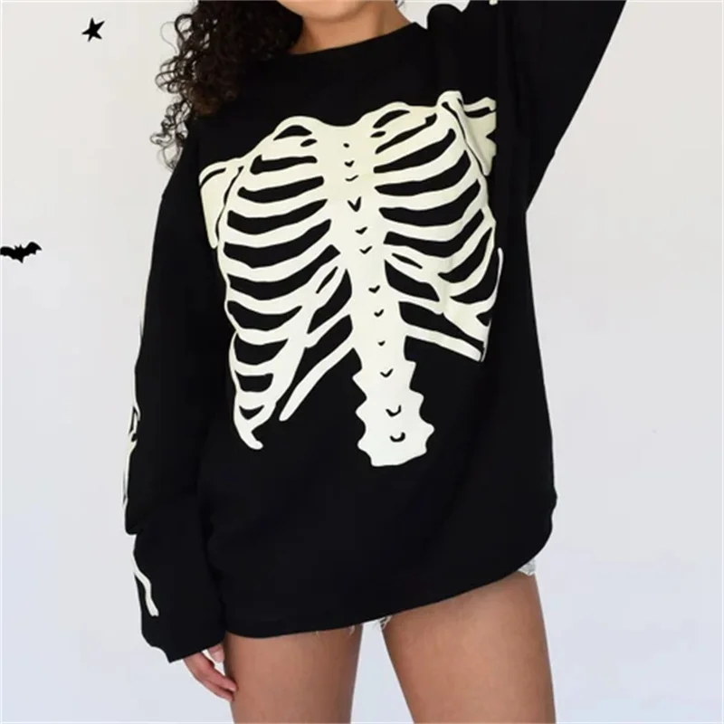 FUFUCAILLM Women Halloween Loose Sweatshirts Skeleton Print Round Neck Long Sleeve Pullovers Fall Winter Casual Tops Streetwear