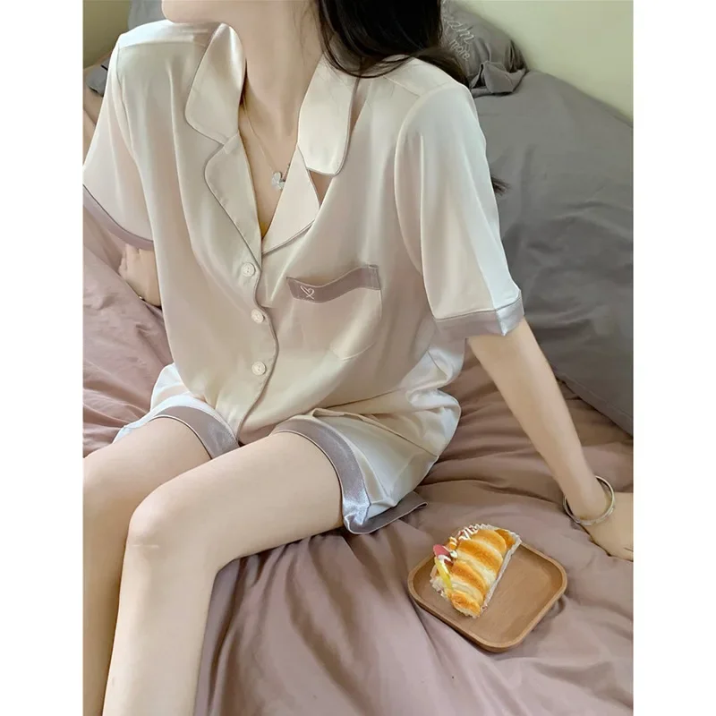 High-end Ice Silk Summer Fresh Short-sleeved Pajamas for Women Shorts Home Clothes Set Women's Pajamas Sweet and Cute Nightwear