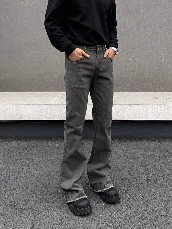

Casual Loose Men's Bell Bot Jeans Rivet Frayed American Retro Sle Workwear Long Pants Youthful Vitali All Seasons