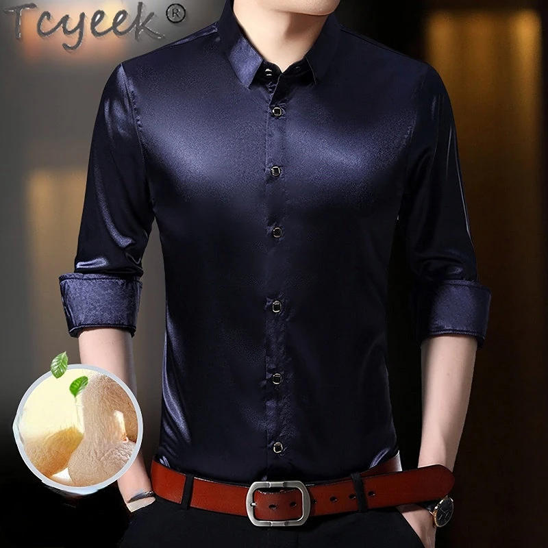 

Tcyeek Spring Autumn Long Sleeve Blouse 2.7% Mulberry Silk Shirts for Men Business Casual Shirts Men's Clothing Blusa Masculina