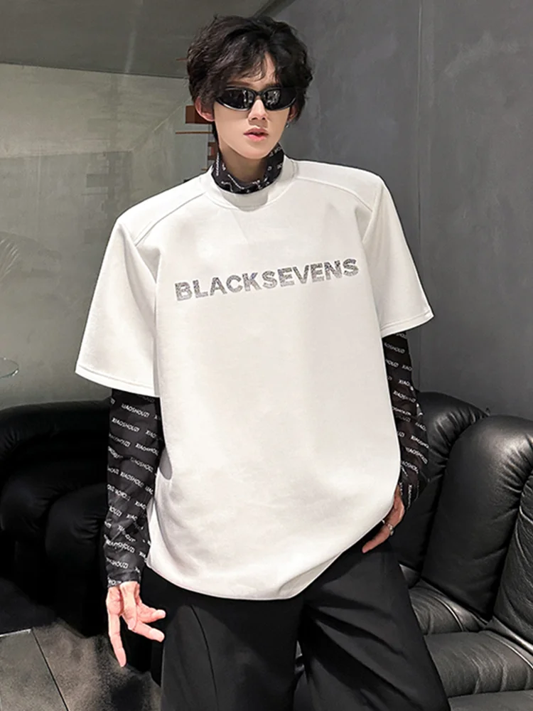 

oulder Padded Diamond Embellied Men's T-irt f Sve Small Collar Summer Heavyweight Casual Faion Trendy Brand