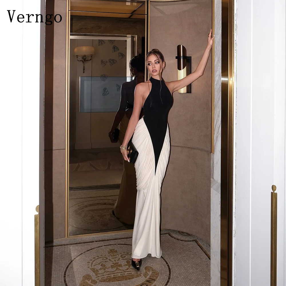 

Verngo Black Chiffon Evening Dress Halter Mermaid Sexy Backless Prom Gowns Modern Celebrity Formal Occasion Dress Customized