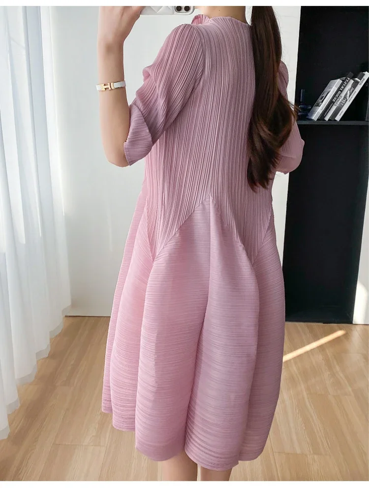 Miyake Pleated Dress Women 2023 Elegant Slim Summer New Casual Mid-length Dresses Women Clothing