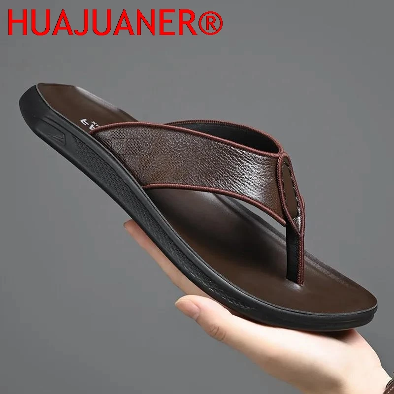 Casual Outdoor Men's Sandals Summer Anti-Slip Leather Thong Slippers Trendy New Model Top Layer Cowhide Men's Flip Flops