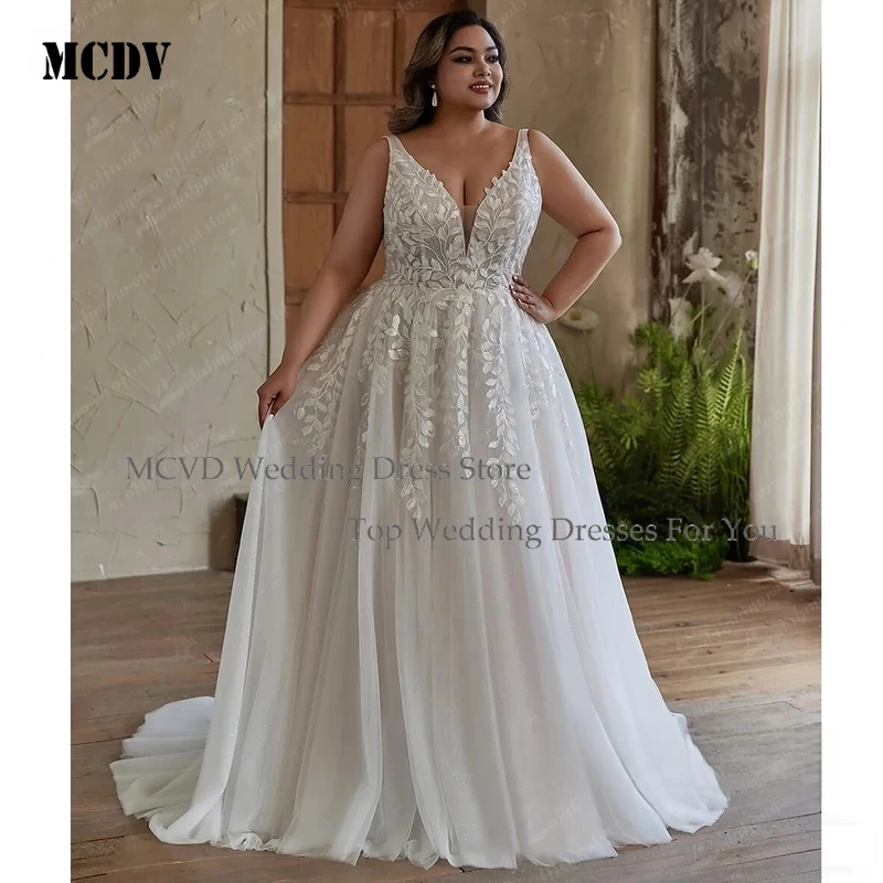 

Свадебные платья больших размеров MCDV, фасон А-силуэт, с V-образным вырезом, из тюля, с аппликациями, без рукавов, с открытой спиной, свадебные платья на заказ.