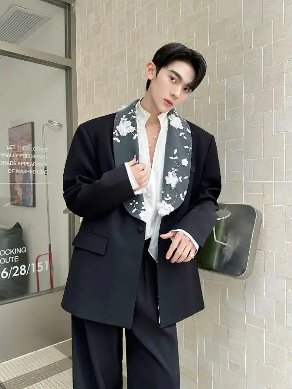 

Casual Bla Suit Jaet for Men Trendy Brand Patchwork Lace Flower Design Loose Fit Youth ular Long Sve Single Button