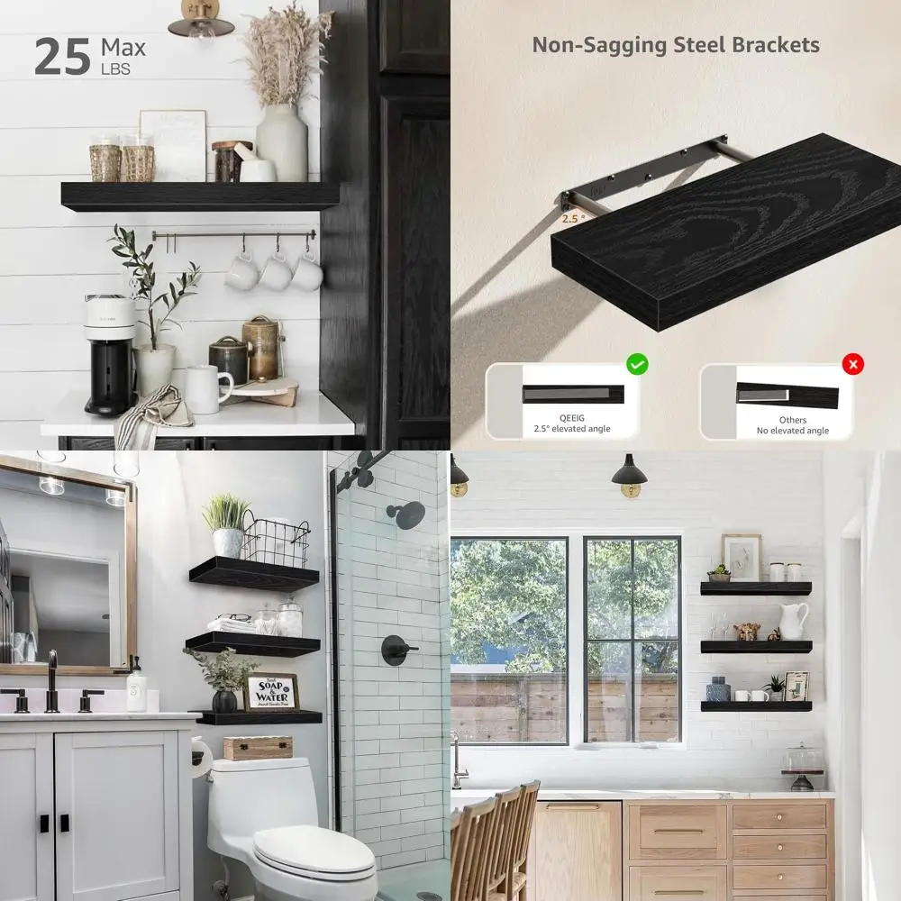 

Set of 3, 16 Black Floating Shelves for Home Decor - Ideal for Bathroom, Bedroom, Kitchen, Living Room, and Farmhouse Style