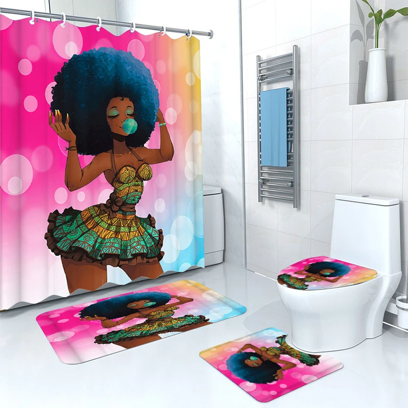 Bathing Waterproof Shower Curtain Set Africa Girls Bathroom Set Non-Slip Mat Rug Carpet Toilet Seat Cover Polyester Washable