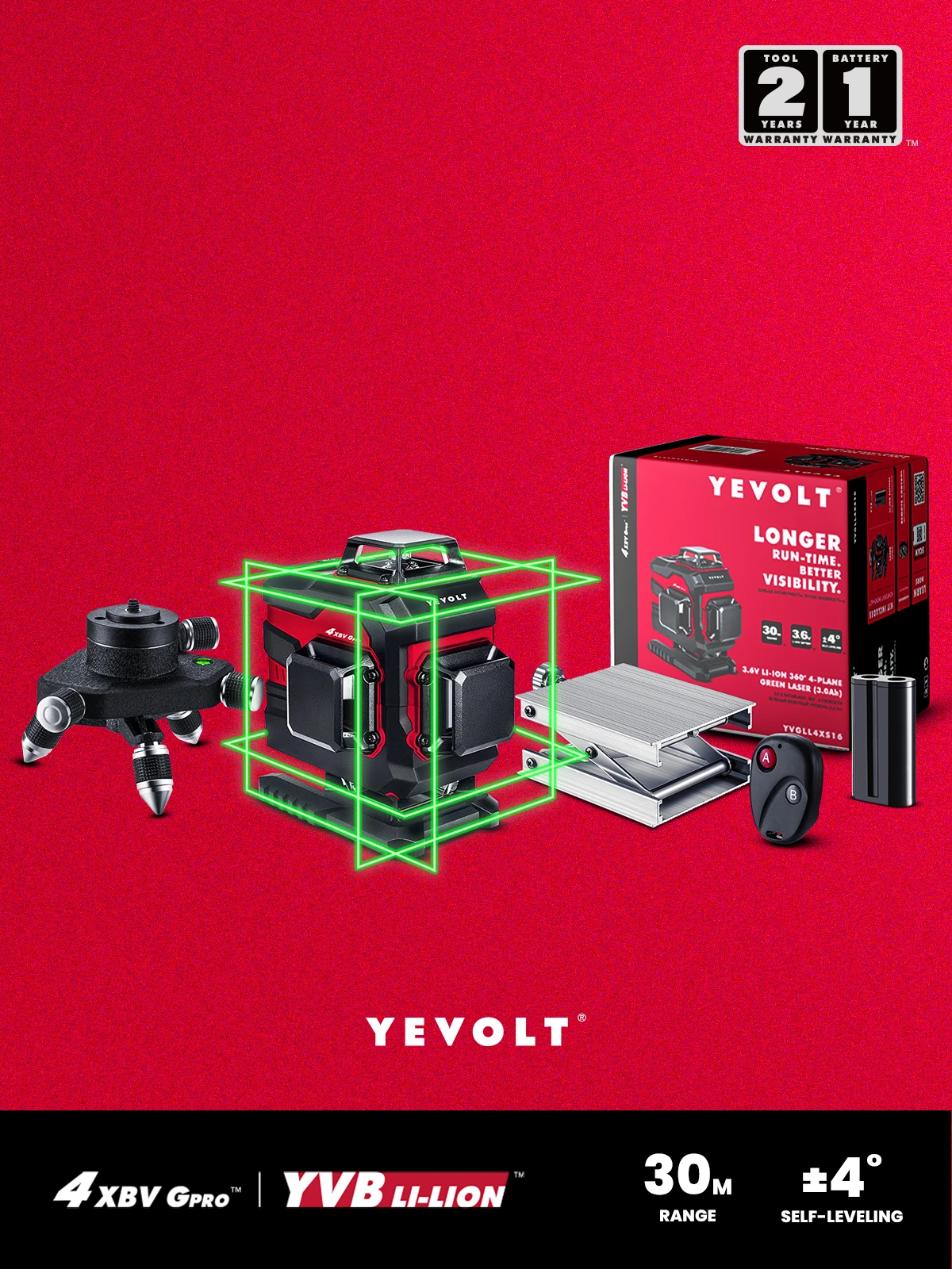 YEVOLT YVGLL4XS16-BR 4-Plane 16 Lines Green Laser Level Machine with Remote Fine-tuning Lifting Base Fine-Tuning Rotating Base