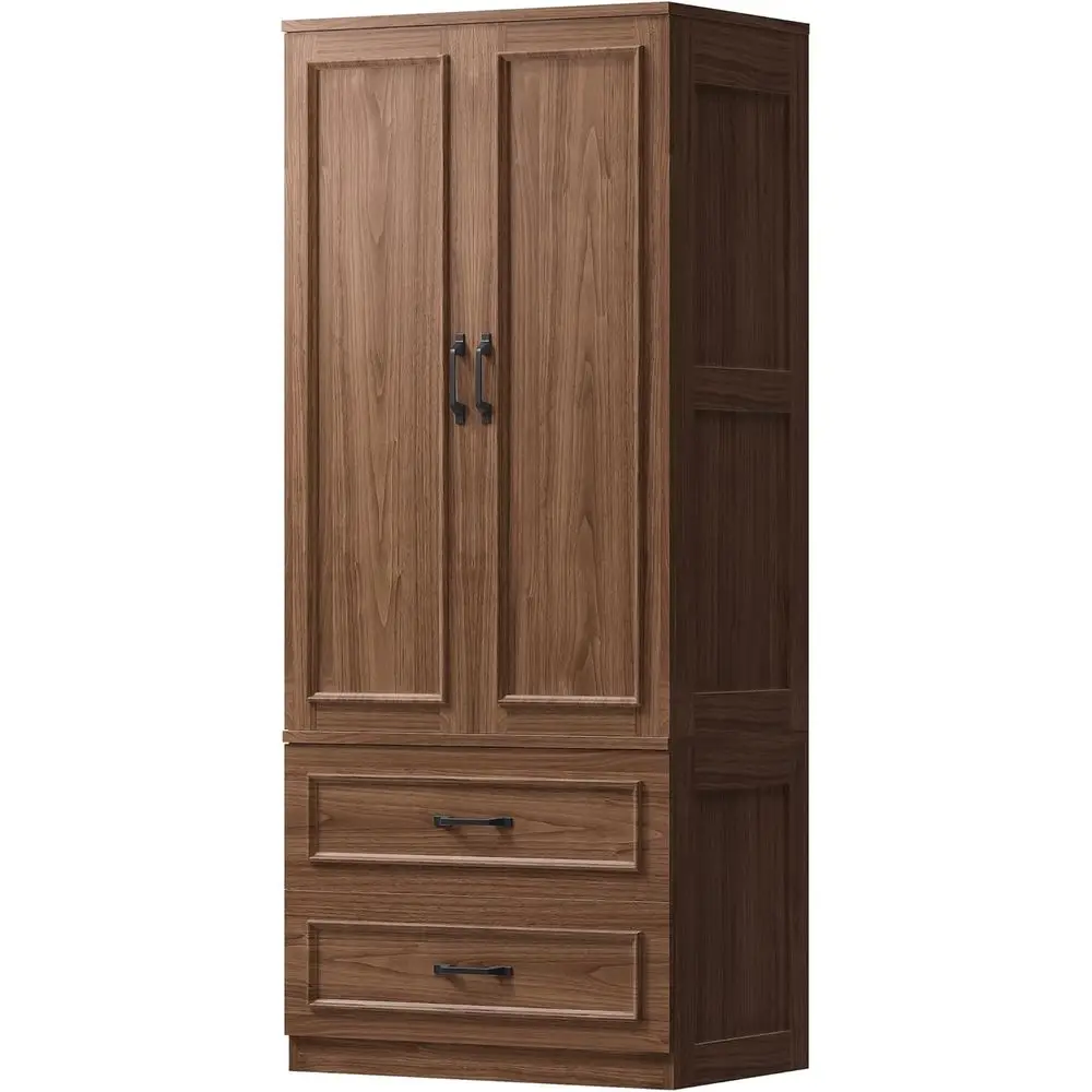 

70H x 28W Wooden Standing Wardrobe Closet with 2 Doors and 2 Drawers for Hanging & Folding Clothes, Walnut Finish
