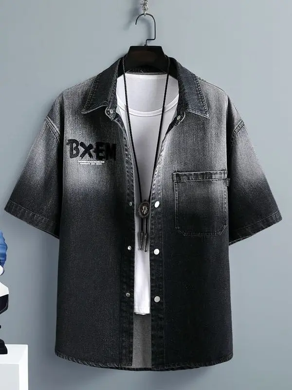 

High-End Gradient Color Letter Short Sleeve Men's Shirt Casual Loose Fit Workwear Summer 2026 Fashion Brand Button-Up Shirt