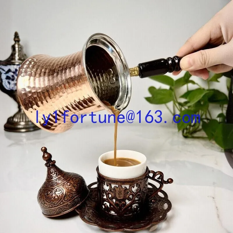 Handmade thickened copper coffee hot milk brewed teapot, wooden handle heat-proof, hand-brewed pot