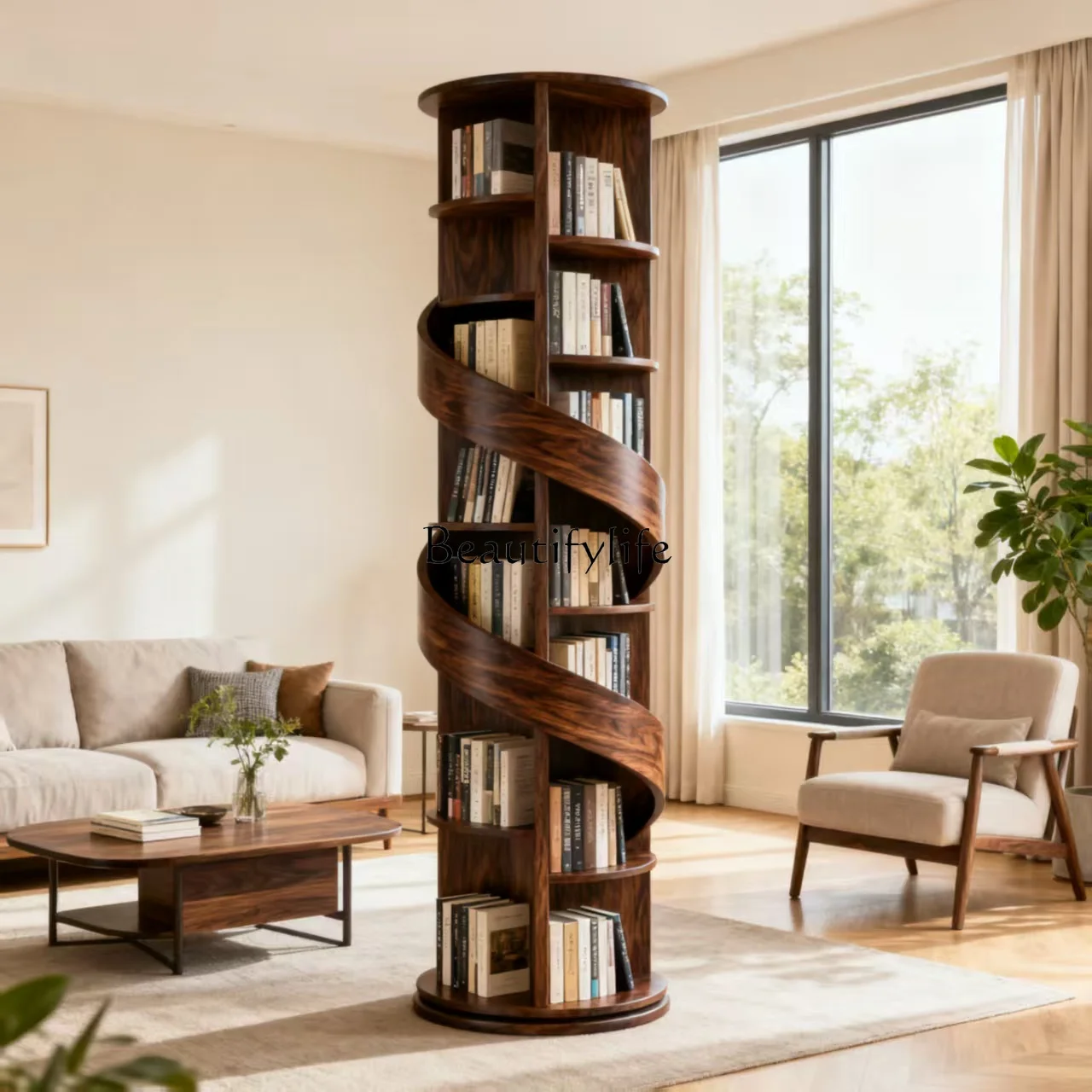 

Modern minimalist North American black walnut spiral bookshelf special-shaped rotating bookshelf storage bookcase integrated