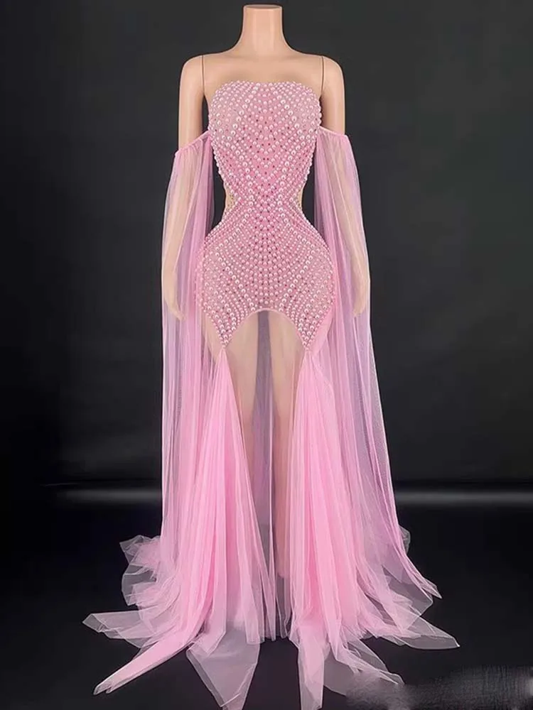 High Quality Hot Rolled Pearl Sexy Mesh Spliced Pearl Strapless Dress 2025 New Fashion Custom Women'S Clothing
