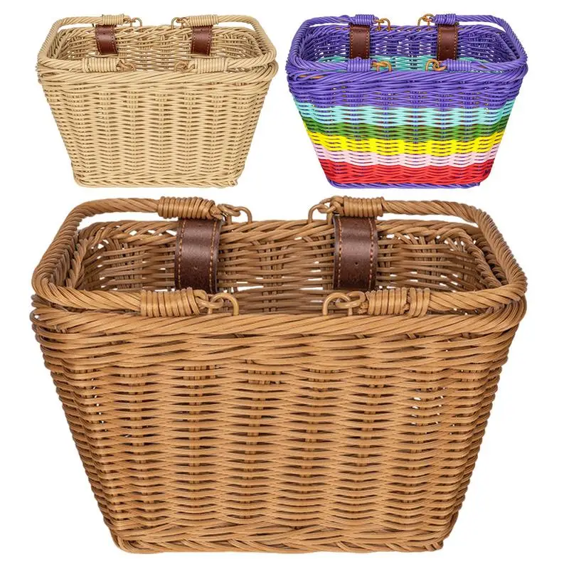 Cycle Basket For Kids Kid's Front Handlebar Cycle Basket Waterproof Hand-Woven Rattan Cycle Basket With Adjustable PU Belts For