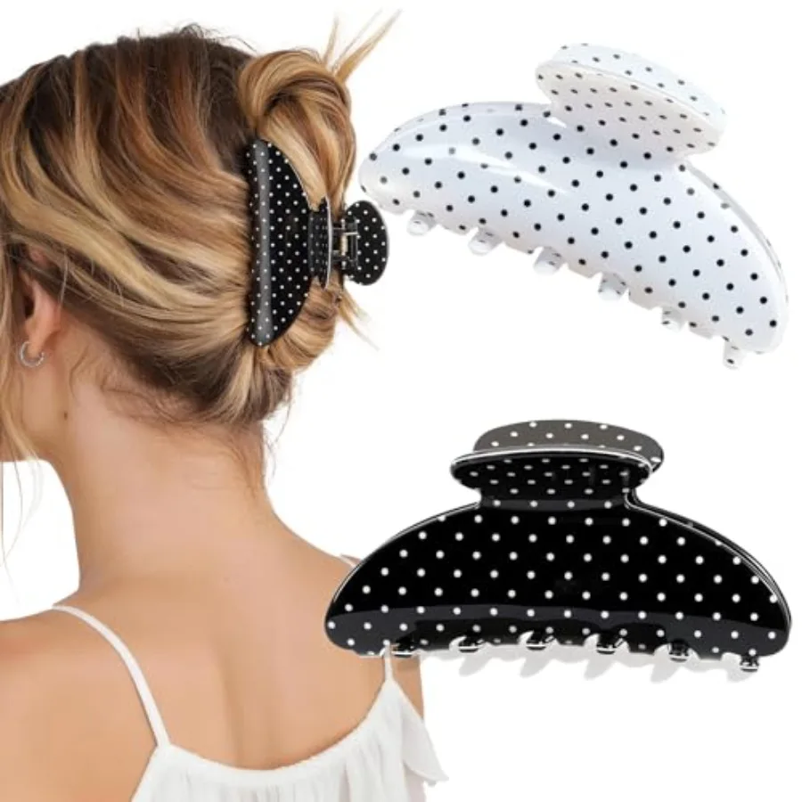 2 Pack Medium Hair Clips for Women, Strong Hold Recycled Plastic Claw Clips for Thick Hair Polka Dot Great for Updo Half Up Hai