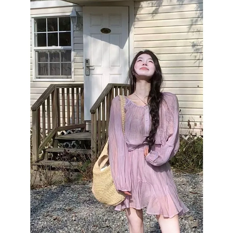 レディース ライトパープル シフォン フリル ドレス 長袖 スモック カジュアル ミニドレス