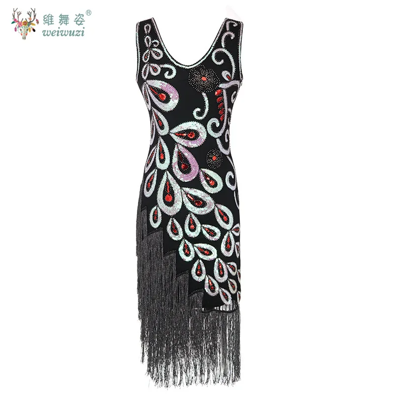 

Women 1920s Flapper Dress Vintage V-Neck Sleeveless Peacock Great Gatsby Prom Evening Gown Luxury Sequin Fringe Party Dress