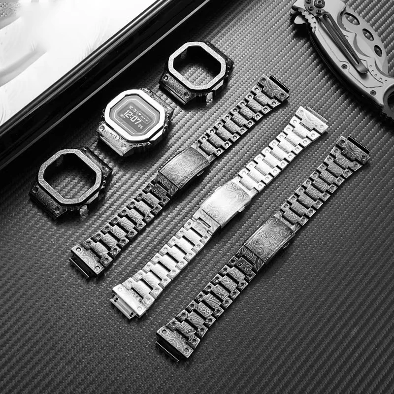 

DIY Set for Casio G-SHOCK DW-H5600 Small Square Retro Carved Stainless Steel Strap Case Special Replacement Upgrade Accessories