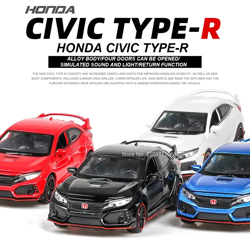 Schaal 1:32 Honda Civic Type-R Speelgoedauto's Diecast-modellen Trek speelgoedvoertuigen met geluidslicht Voertuig voor kinderen Collectiegeschenken