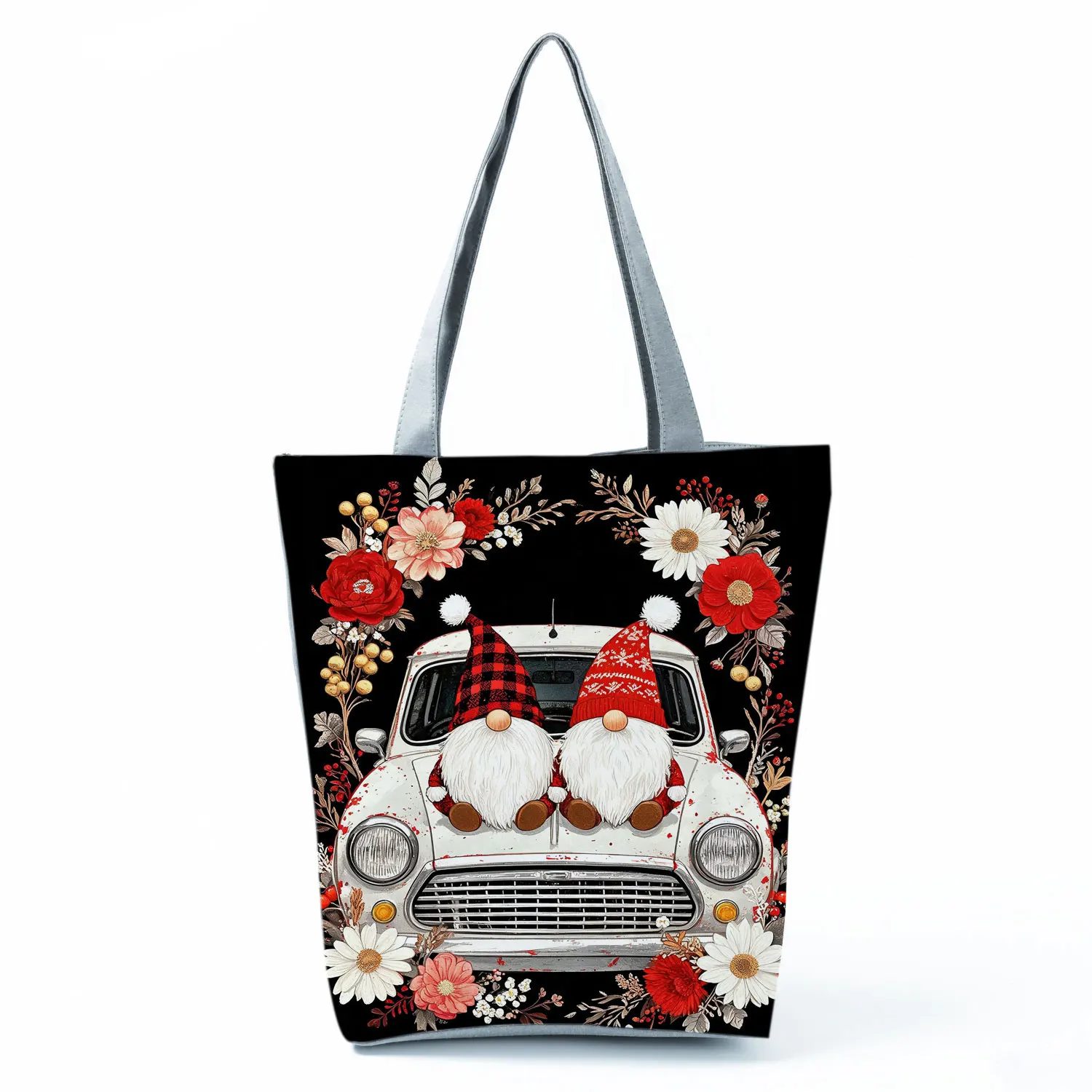 Christmas Gnomes Vintage Car Floral Printed Women Handbag Shoulder Bag High Quality Shopping Bag Large Capacity Casual Handbags
