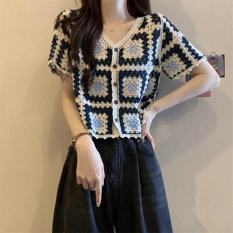 Granny Squares Crochet Top Short Sleeve Open Knit Crop Cardigan Blouse Women\'s Summer Fairycore Cottagecore Vintage Outfit