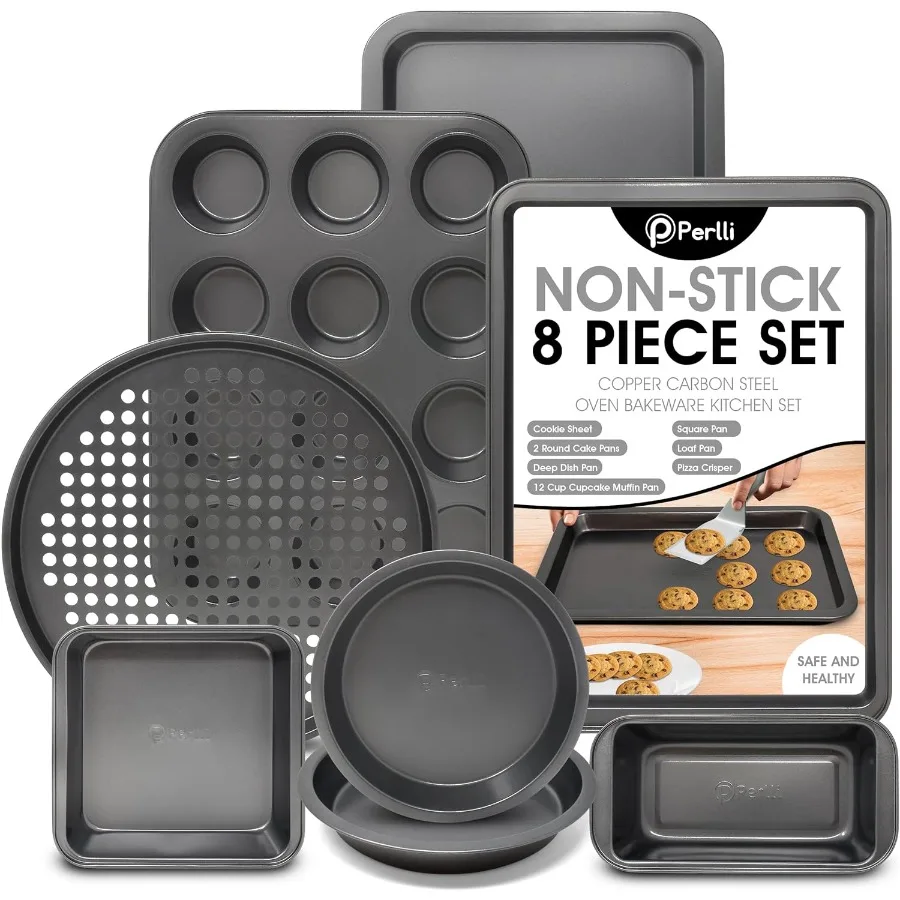 

Baking Pan 8 Piece Set Nonstick Carbon Steel Gray Oven Safe Bakeware Kitchen Set, Cookie Sheet, 2 Round Cake Pans, Square Pan, L