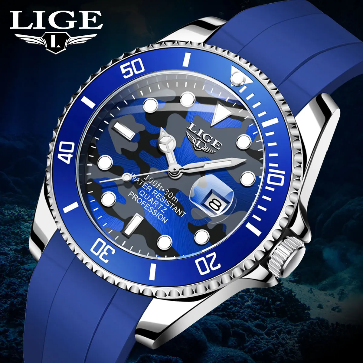 2024 LIGE New Silicone Mens Watches Stainless Steel Waterproof Quartz Watch For Men Sport Dive Chronograph Relogio Masculino+Box