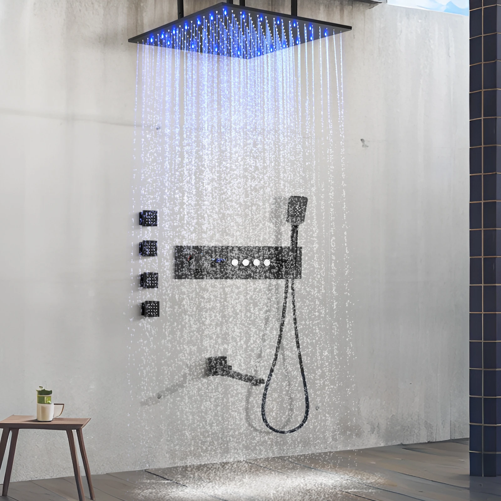 Ceiling LED number showing constant temperature mixed shower matte black shower bronze sleeve body jet with folding