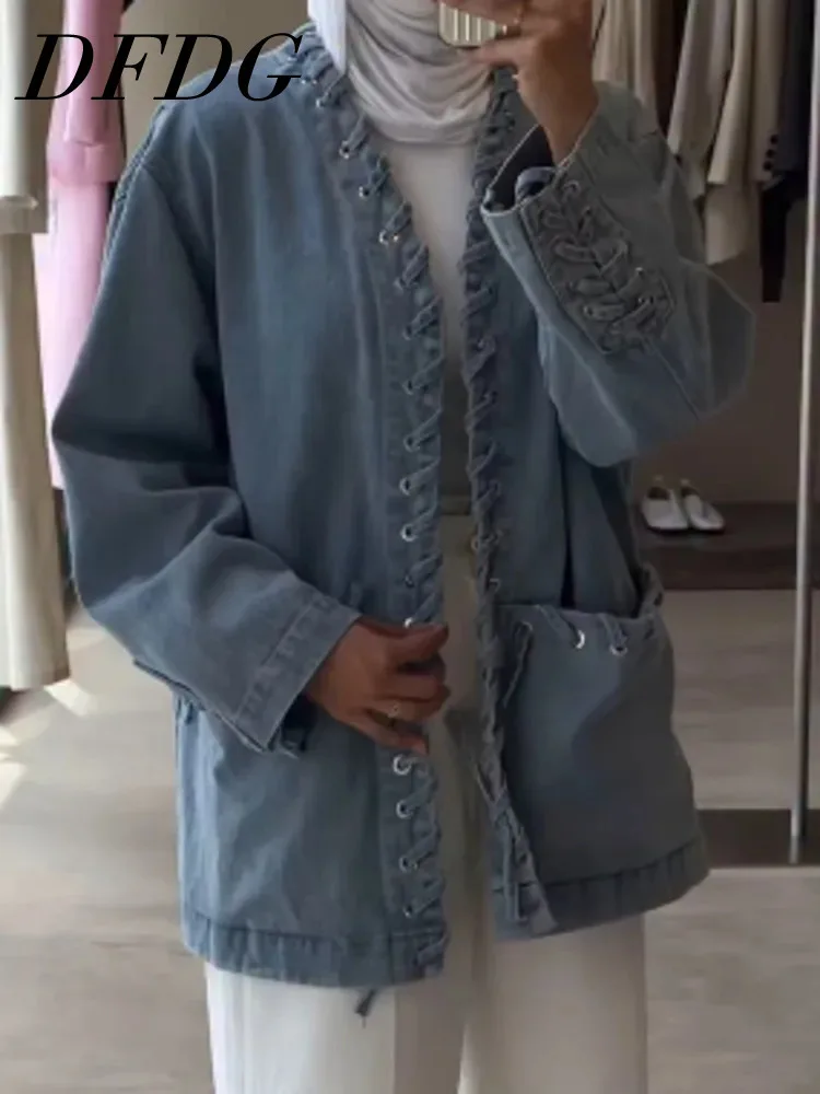 

DFDG Open Collar Design With High-quality 2025 Spring New Women's Large Pocket Blue Fashionable Collarless Loose Jacket