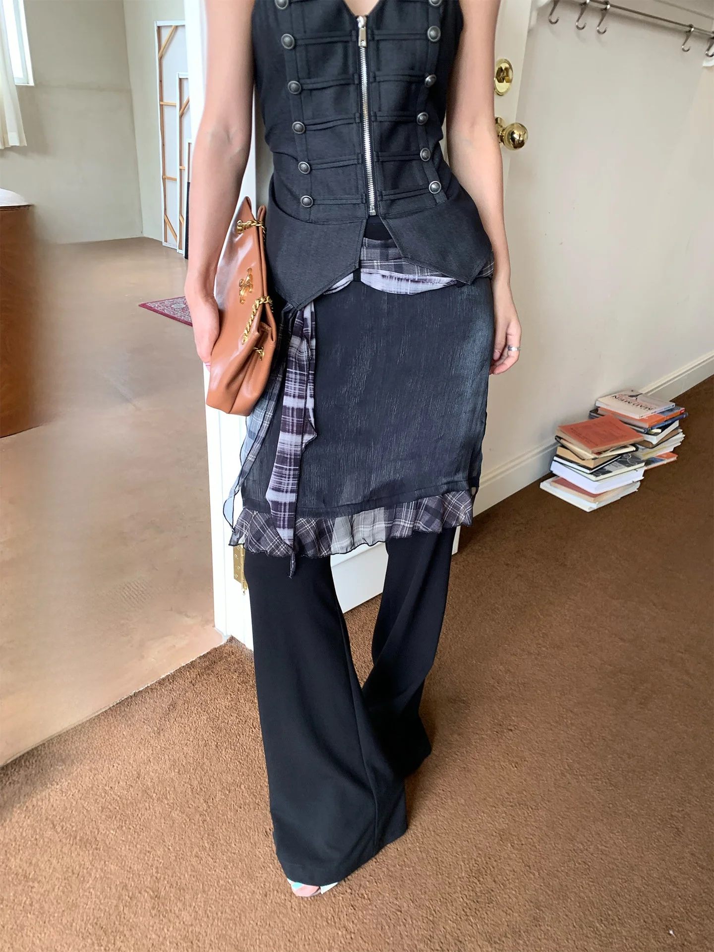 

Женские повседневные брюки-клеш в стиле британского ретро с клетчатым узором, многослойные, широкие, с цветовыми блоками, для весеннего сезона, из полиэстера