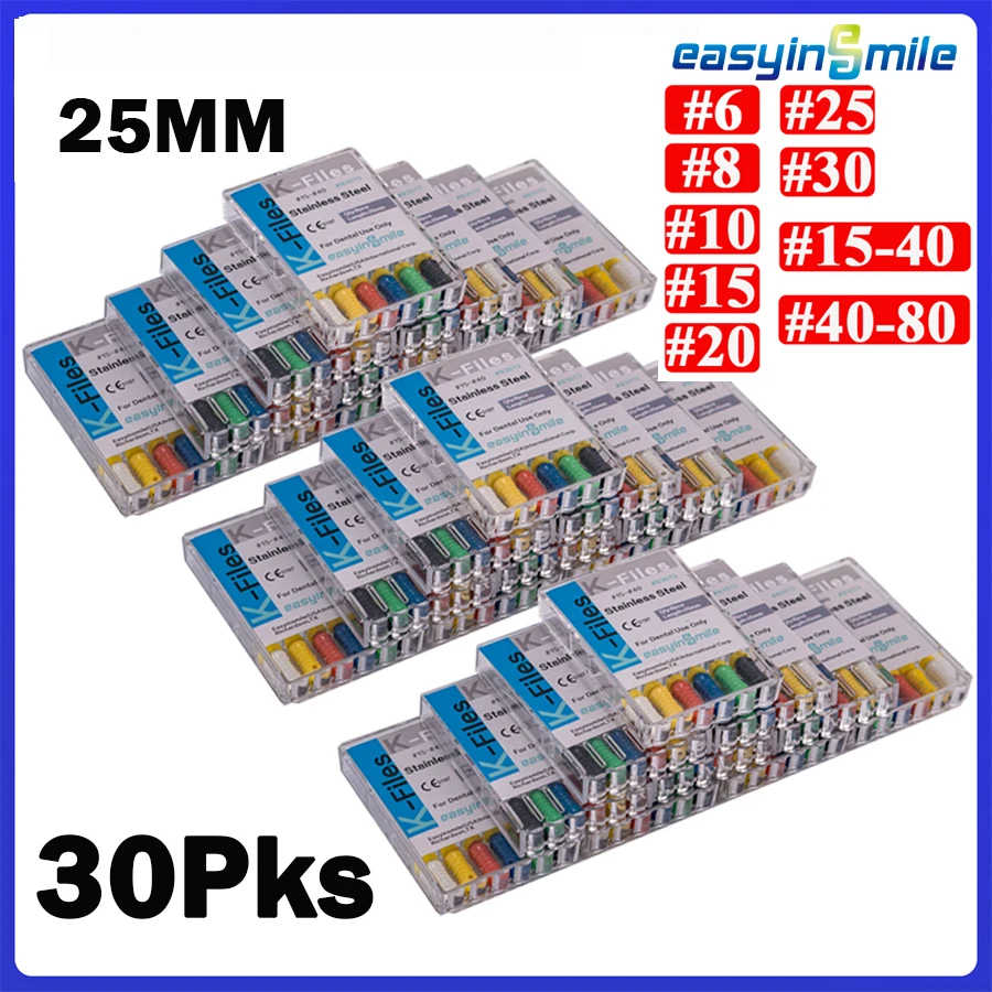 

30Packs Dental Endo Hand K-FILE Endodontic Root Canal File K-Files 25mm 6 #8 #10 #15 #20 #25 #30 Stainless Steel Hand tool EASYI