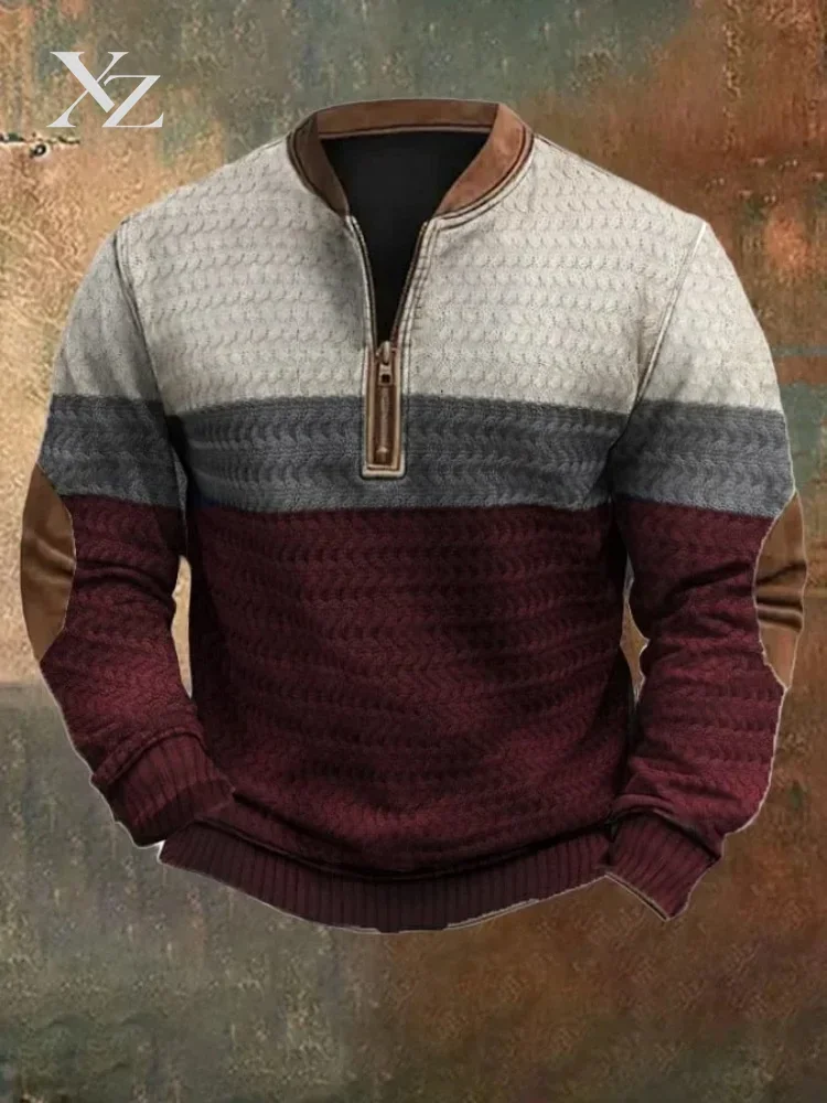 Men's Retro 3D Printed Colorblock Sweatshirt Autumn 2026 New Long Sleeve Zip Pullover Top