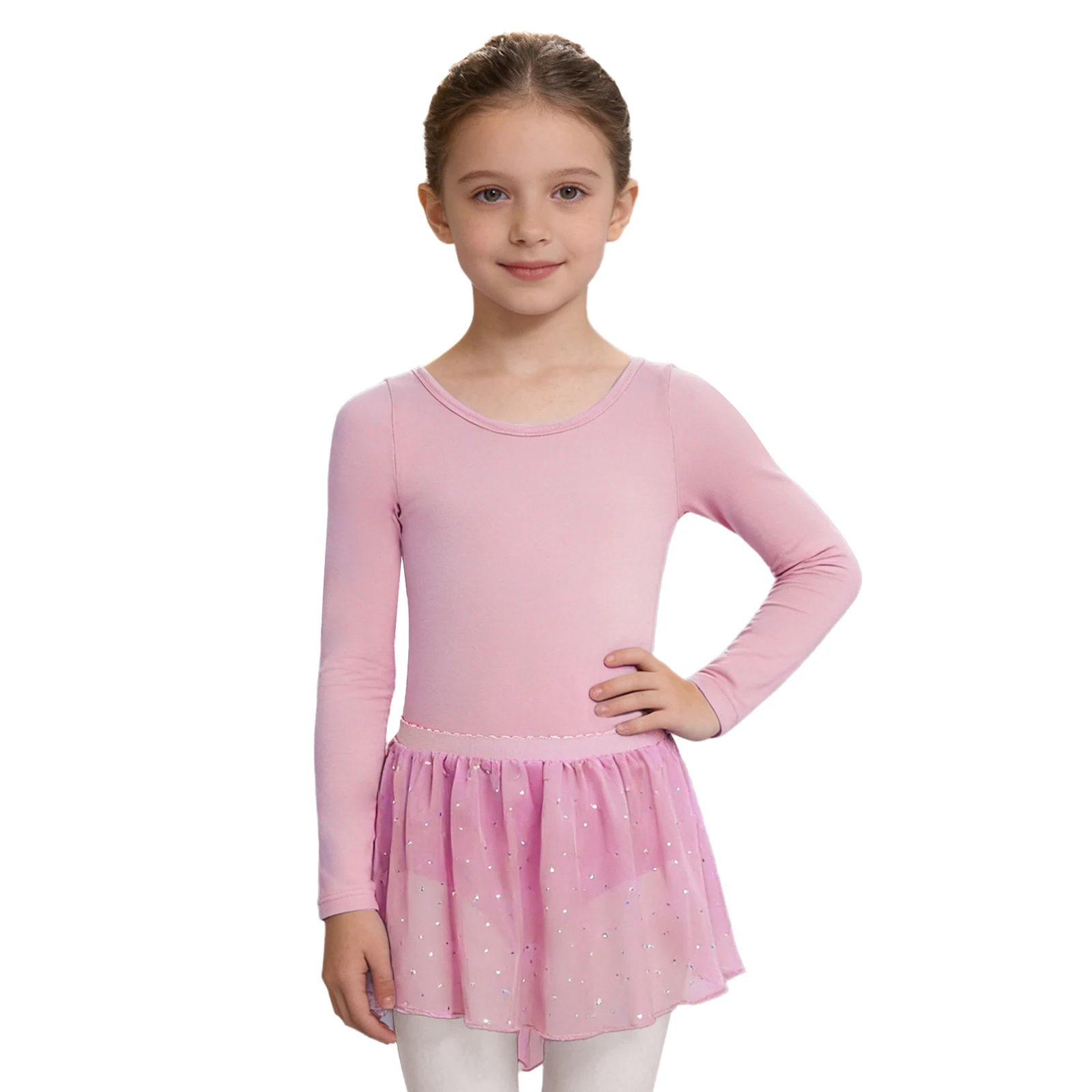 Kids Girls Ballet Gymnastics Dance Set Long Sleeve Back Leotard With Shiny Sequins Skirt for Ballerina Dance Stage Performance