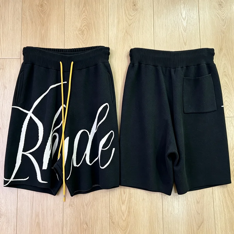 Real Photos American High Street Knit Rhude Shorts Contrast Drawstring Jacquard Pattern Men Wide Leg Casual Pants