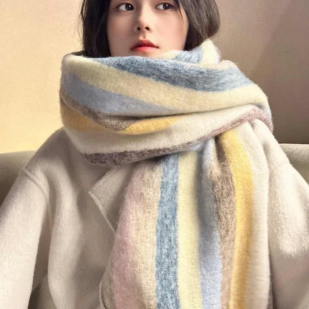 Soft Grid Scarf Rainbow Tassel Mohair Long Tassel Scarves Neck Warmer Thickening Winter Cashmere Scarf