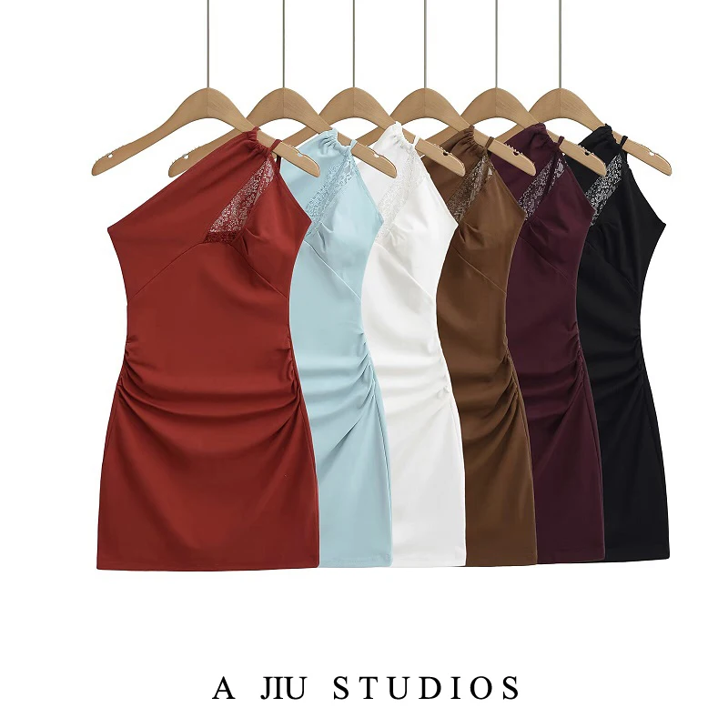 Black Lace Splice Slim Fit Hollow out Design Summer Sexy Short Dress Women's Fashionable Shoulder Design Bodycon Skirt