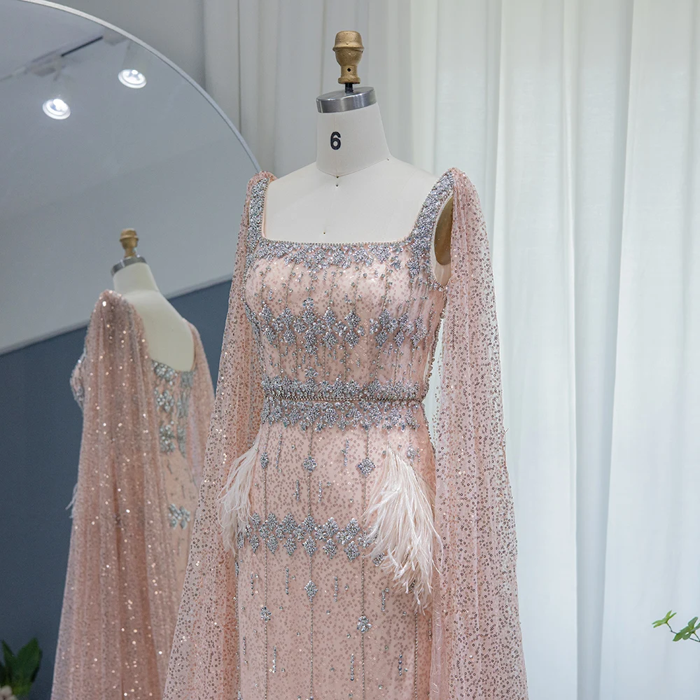 شارون سعيد بلينغ رمادي حورية البحر فستان سهرة مع كيب ريشة فاخرة دبي فساتين رسمية للنساء حفل زفاف SS279 مخصص