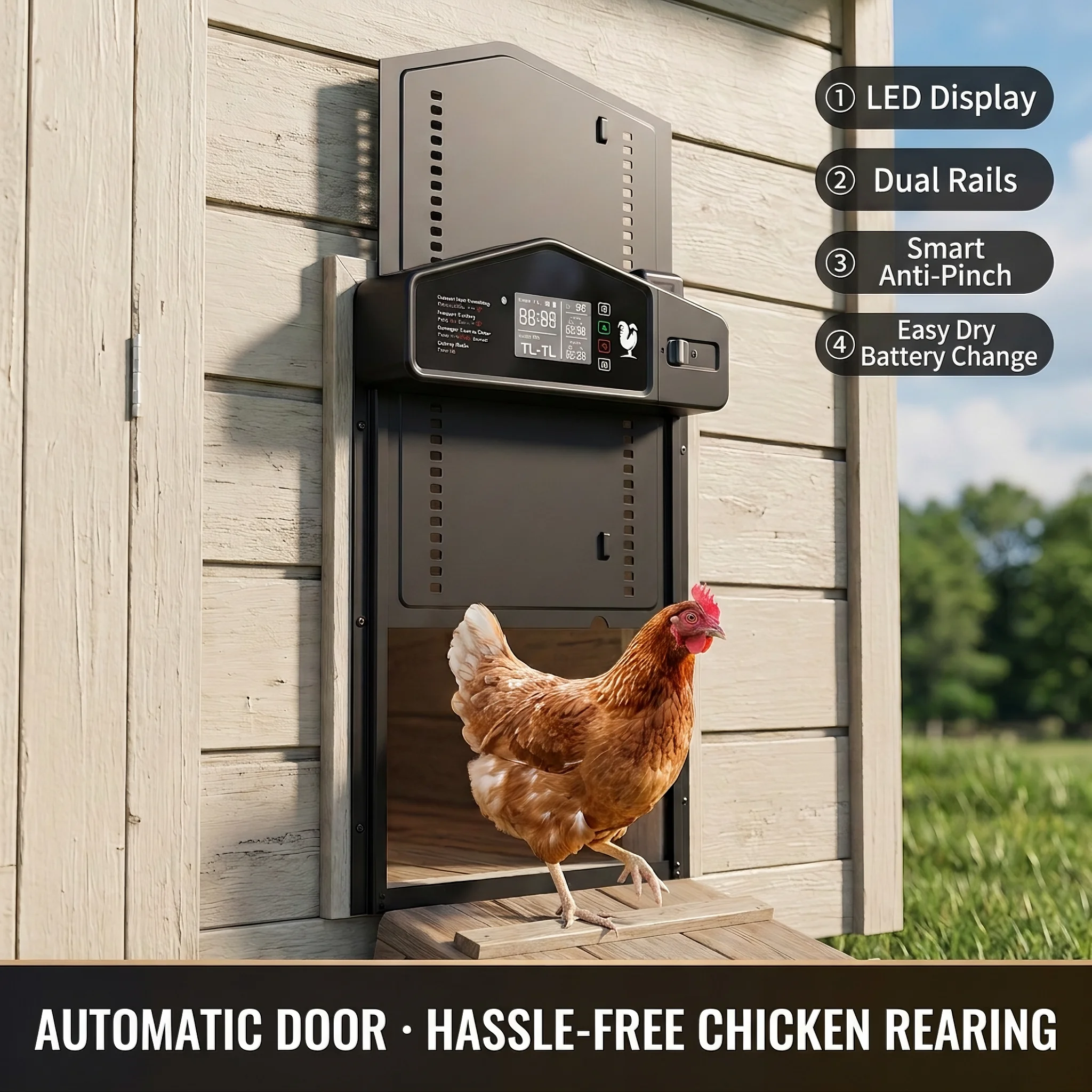 Automatic Chicken Coop Door, Dry Battery Version (without Battery), Timed Door Opening and Closing, Light Sensing Control Switch