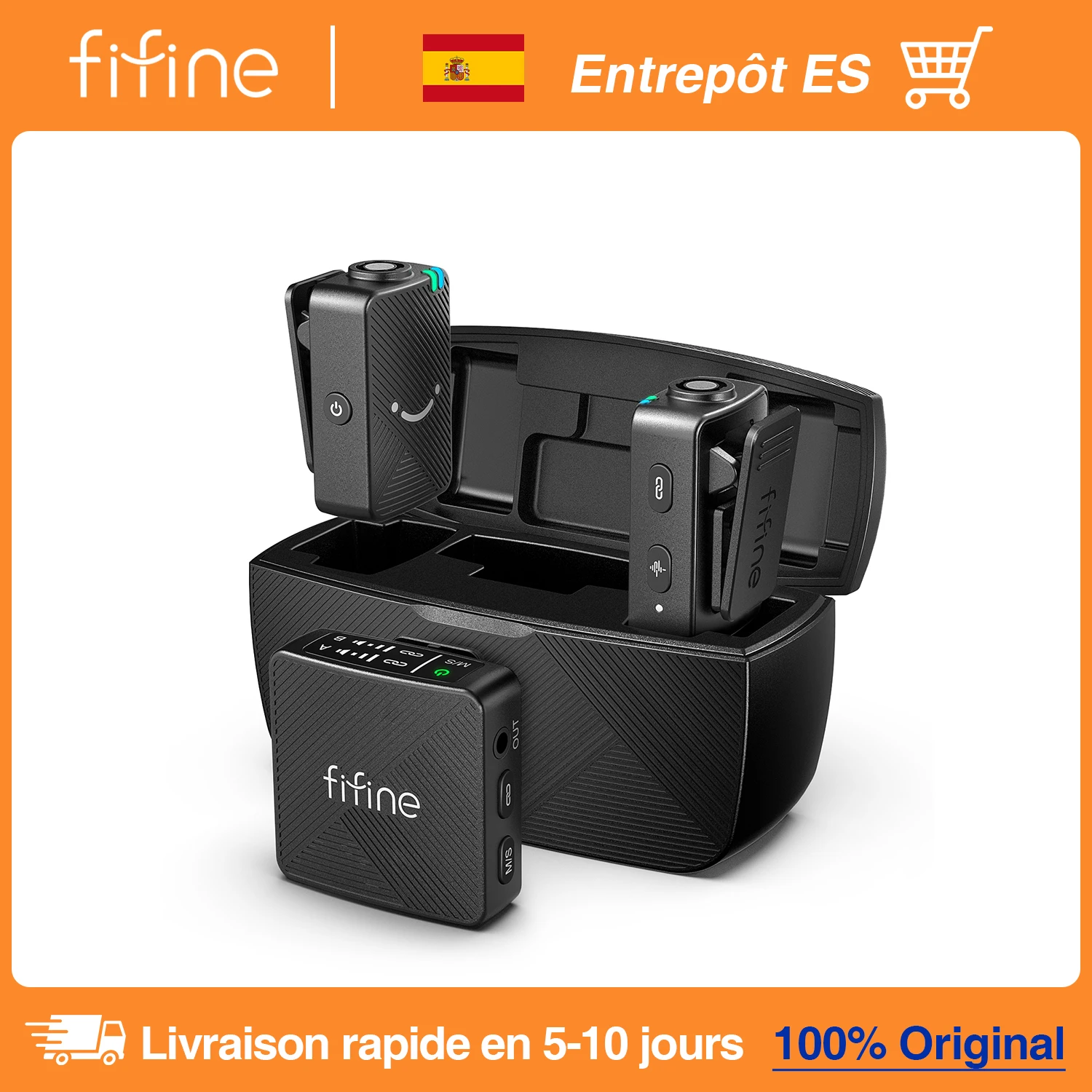 FIFINE-Microphone Lavalier sans fil, transmission 656 pieds, autonomie de la batterie 7h, micro antibruit pour iPhone, Android, appareil photo, ordinateur portable M9