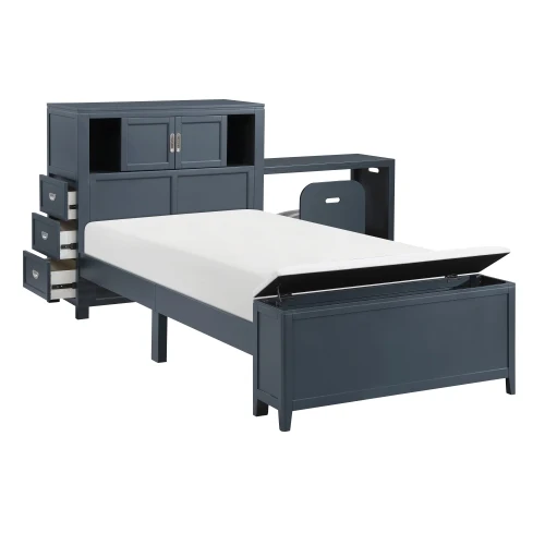 ！@Modern Navy Blue Twin Adjustable Platform Bed Bookcase Headboard Drawers Hidden Desk Stool Footboard Storage Bench Bedroom