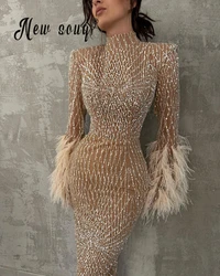 Muslim Trumpet Feathers Sleeve Evening Dress Luxury Beaded Wedding Formal Wear Dress For Party 2024 Celebrity Gown Plus Size