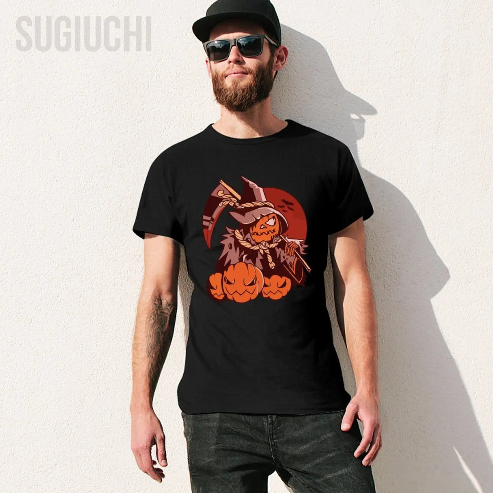 Unisex Men Pumpkin Grim Reaper Halloween Tshirt Tees O-neck T Shirts Women Boys 100% Cotton T-Shirt