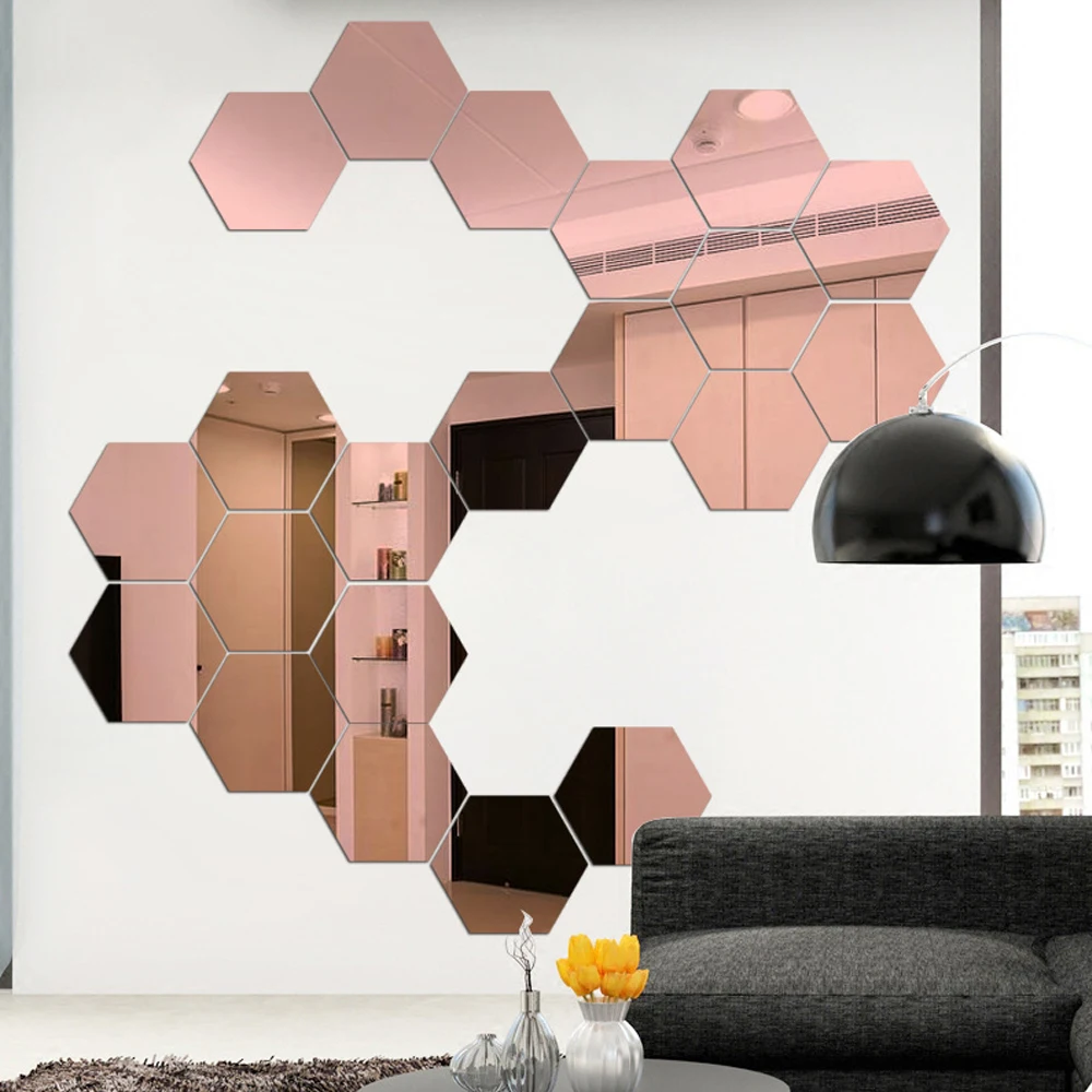 Hexagon Acrylic Mirror Wall Stickers Decorative Tiles Self Adhesive Aesthetic Room Home Korean Decor Shower Makeup Panel