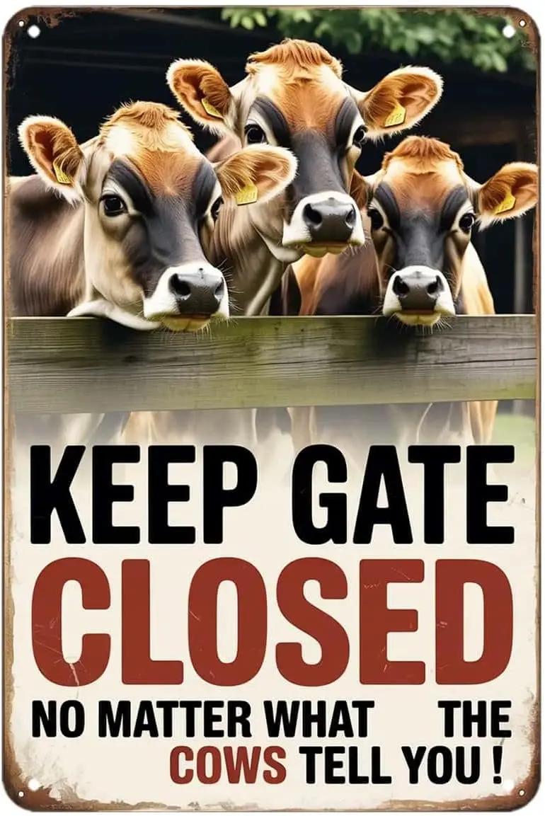 Cute Farm Cow Keep Gate Closed Tin Sign Funny Rustic Animal Farmhouse Sign Vintage Metal Signs Wall Decor for Kitchen Bar Cafe B