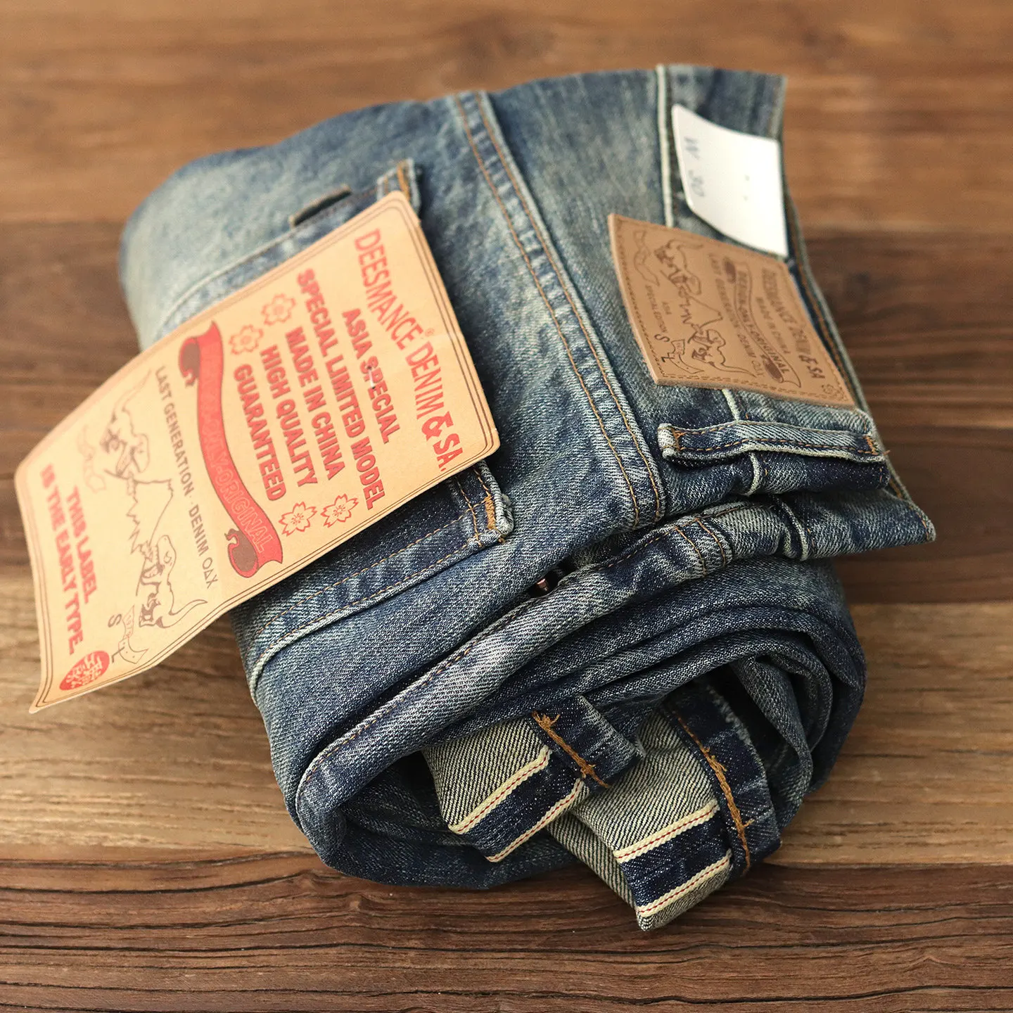 

Мужские джинсы прямого кроя в американском ретро-стиле, 13.5OZ, с красными краями, из плотного денима, с эффектом потертости, свободные повседневные брюки.