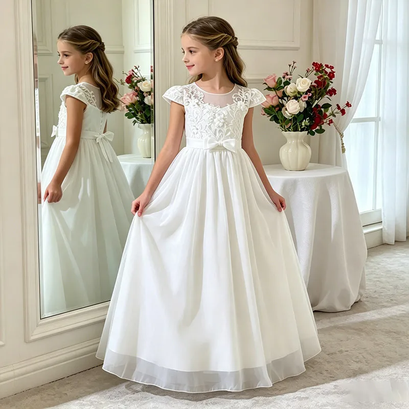 Baby Kids Princess Lace Applique Bow Flower Girl Dress Children First Communion Dress Ball Gown Wedding Party Dress Birthday