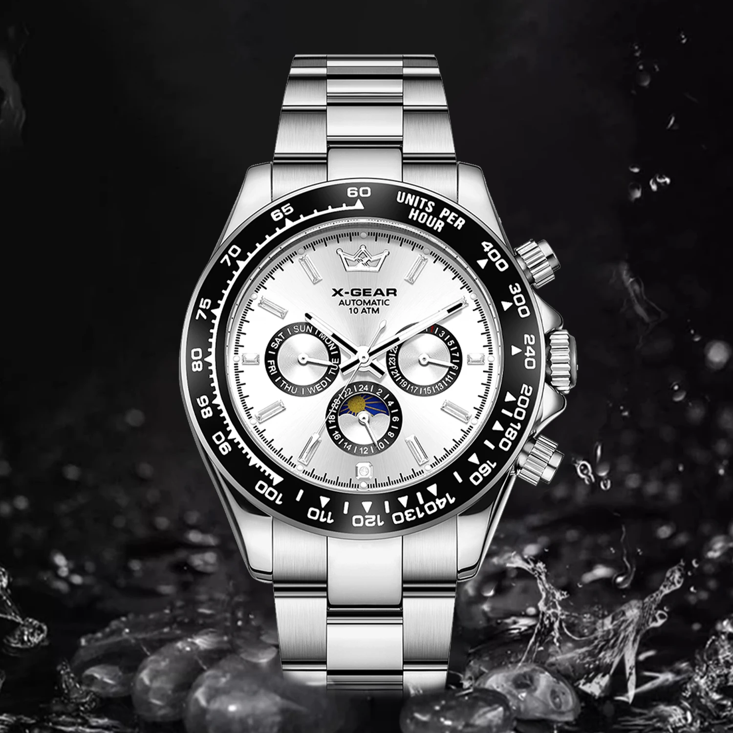 X-GEAR Men's Automatic Mechanical Watch with Panda Dial Stainless Steel Strap Waterproof and Luminous Man Watches