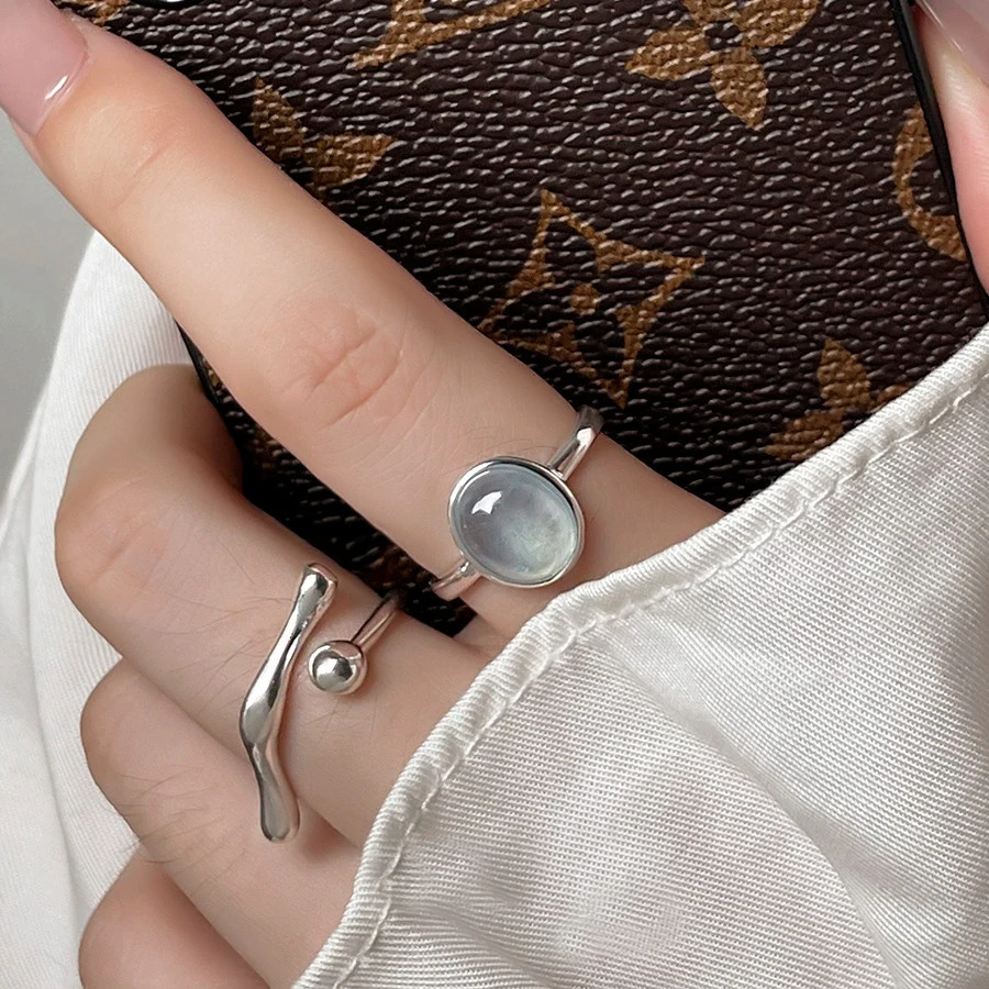 925 Silve Plated Moonstone Irregular Ring for Women Party Gift Adjustabler Personality Korean Dropshipping